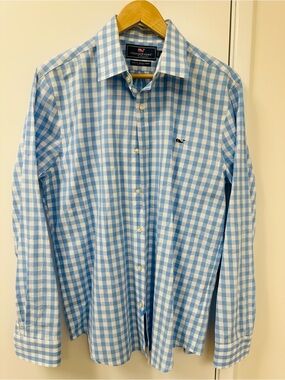 Vineyard Vines Light Blue and White Gingham Button-Down Shirt
